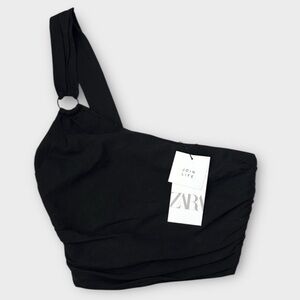 NWT Zara  SZ XS Black  One-Shoulder ruched Crop Top